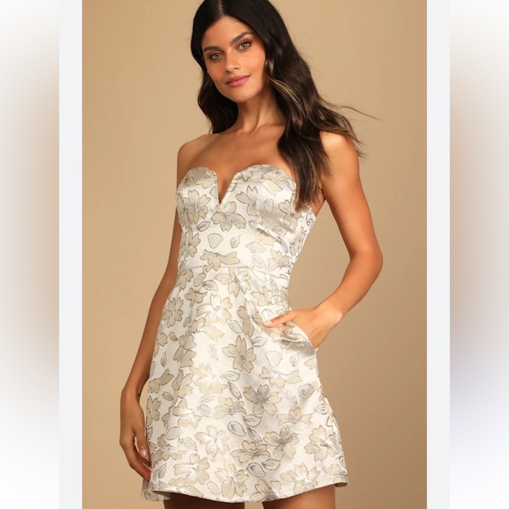 Cream and Gold Strapless Floral Dress